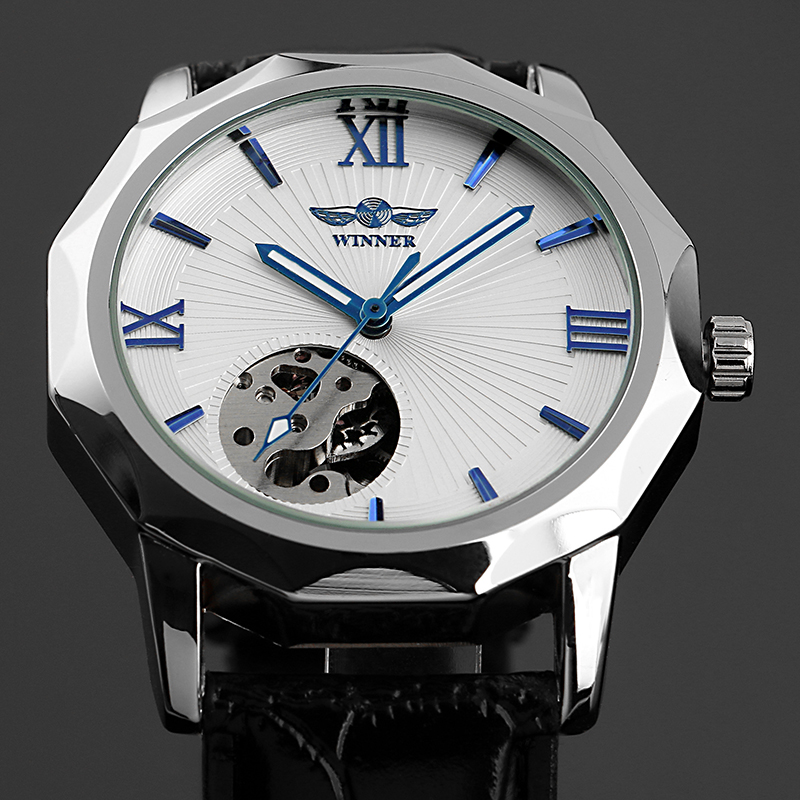 Mens Watch Automatic Mechanical White Leather Strap Analog Roman