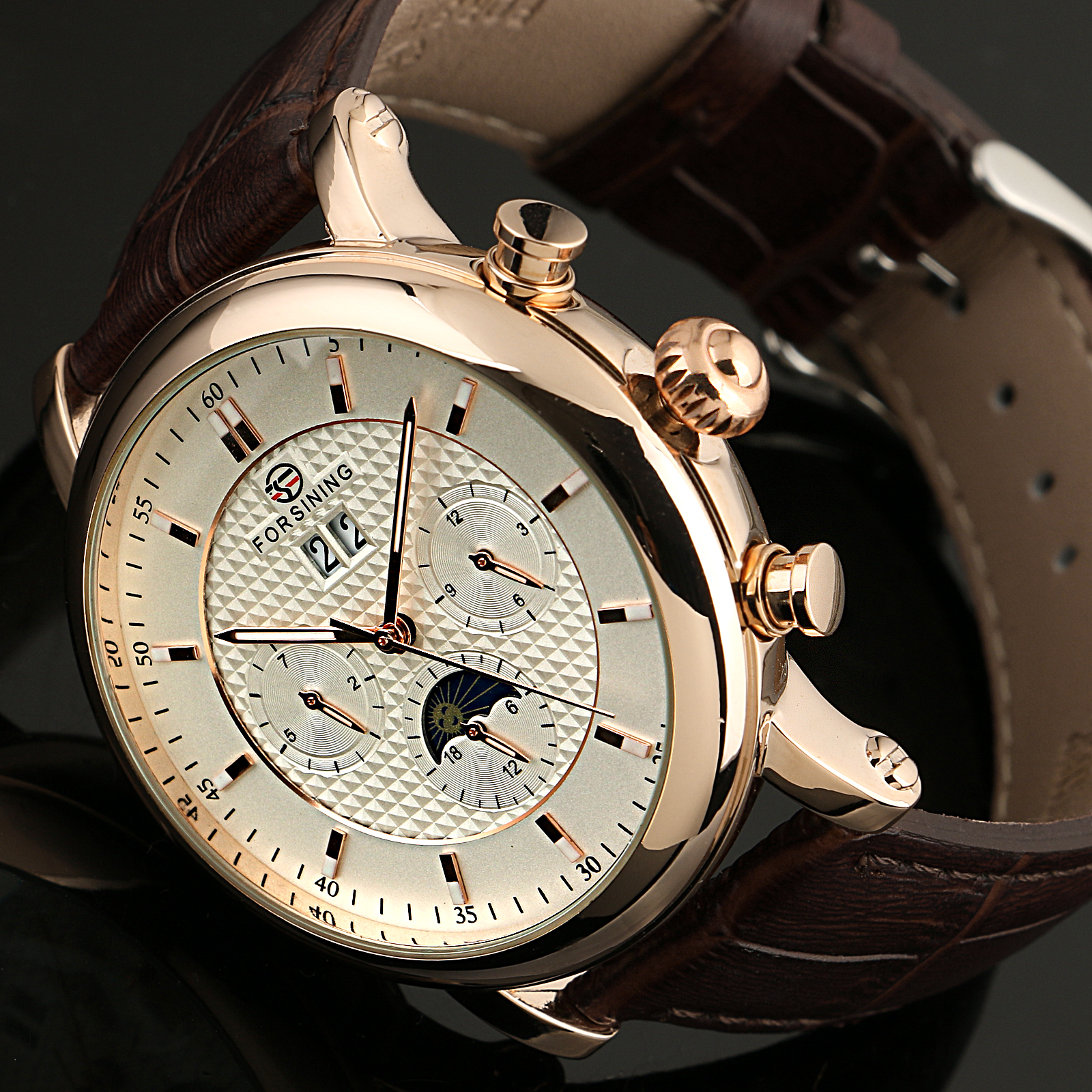 Watch Mens Gold Case Automatic Mechanical Faux Leather Band Date