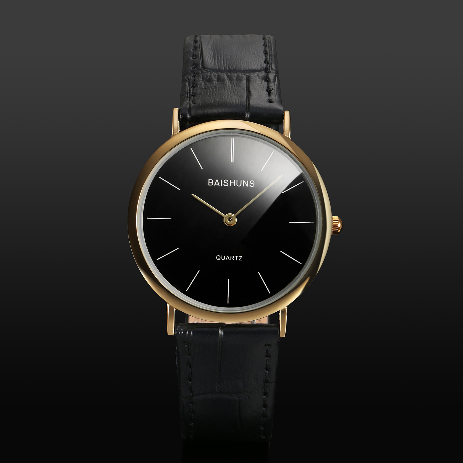 Mens Watch Quartz Black Dial Leather Simple Ultra Thin Minimal Analog