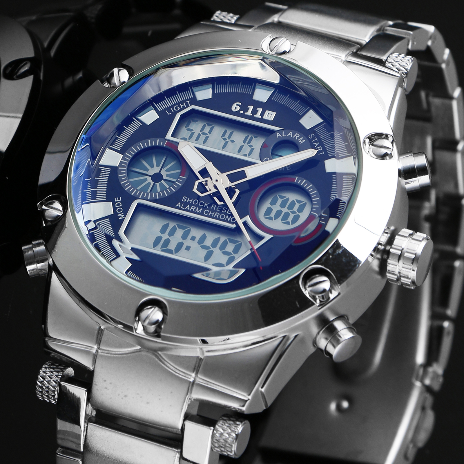 Mens Watch Quartz Digital Large Dial Silver Stainless Steel Date Analog Luxury eBay