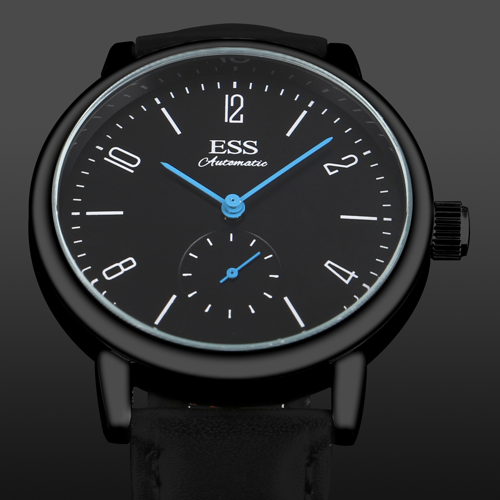 ESS Mens Watch Mechanical Automatic Black Dial Leather Strap Self